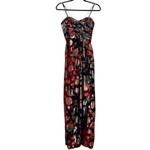 Adolfo New York Vintage Silk Red Multi Abstract Pleated Bustier Maxi Dress Sz XS